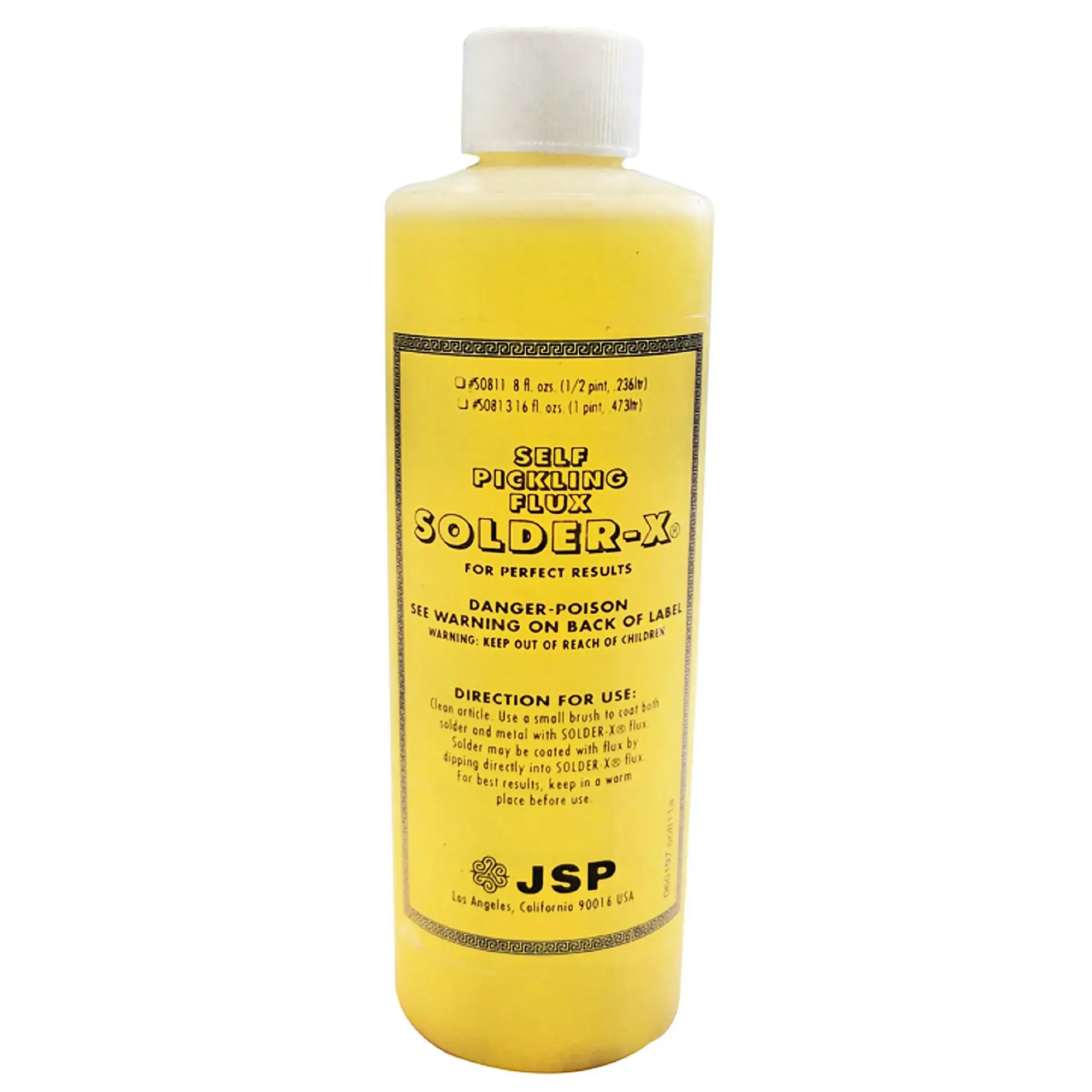 JSP SOLDER-X Self-Pickling Liquid Flux Bottle (8 oz) - Professional DIY Beading & Jewelry Making Flux for Gold, Silver, Platinum High-Temp Metals, Yellow Font, Water-Based, Cleans/Prepares Surfaces, Color & Temper Protection