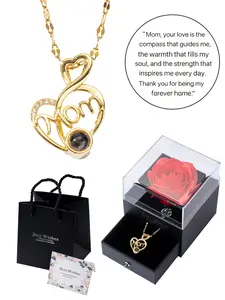 I Love You Mom Projection Necklace, 100 Languages Heart Pendant, Preserved Rose Gift Box, Mother's Day Jewelry Gift for Mom Grandma