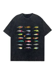 "Fishing Lures Collection" Washed Black Graphic Tee - Oversized T-Shirt, Casual, Fisherman Gift, Meme Shirt, Graphic Washed Oversized Tees for Men & Women, Menswear, Summer Round Neck Short Sleeve , Sports Shirt, Workout T-shirt, Couple shirt