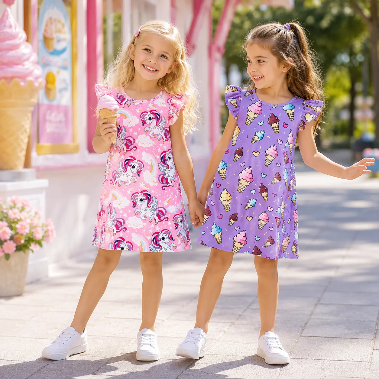 2-Pack Toddler Little Girls Summer Flutter Sleeve Dress Set Unicorn Ice Cream Print Casual Sundress for Kids 4-7Y Pink Purple Soft Breathable Lightweight Everyday School Outfits Birthday Gift Value Set