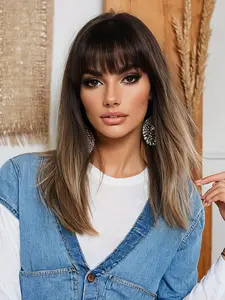 14 Inch Ombre Brown Short Straight Wigs for Women, Gorgeous Fluffy Wigs with Curtain Bangs, Synthetic Full Machine Wigs for Party, Daily Use