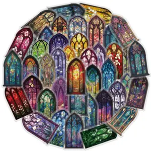 50pcs Retro European Style Colored Glass Window Transparent PET Material Series Graffiti Stickers Suitable for Luggage, Phone Cases, Laptops, Helmets, Skateboards Waterproof Decoration DIY Creative Stickers