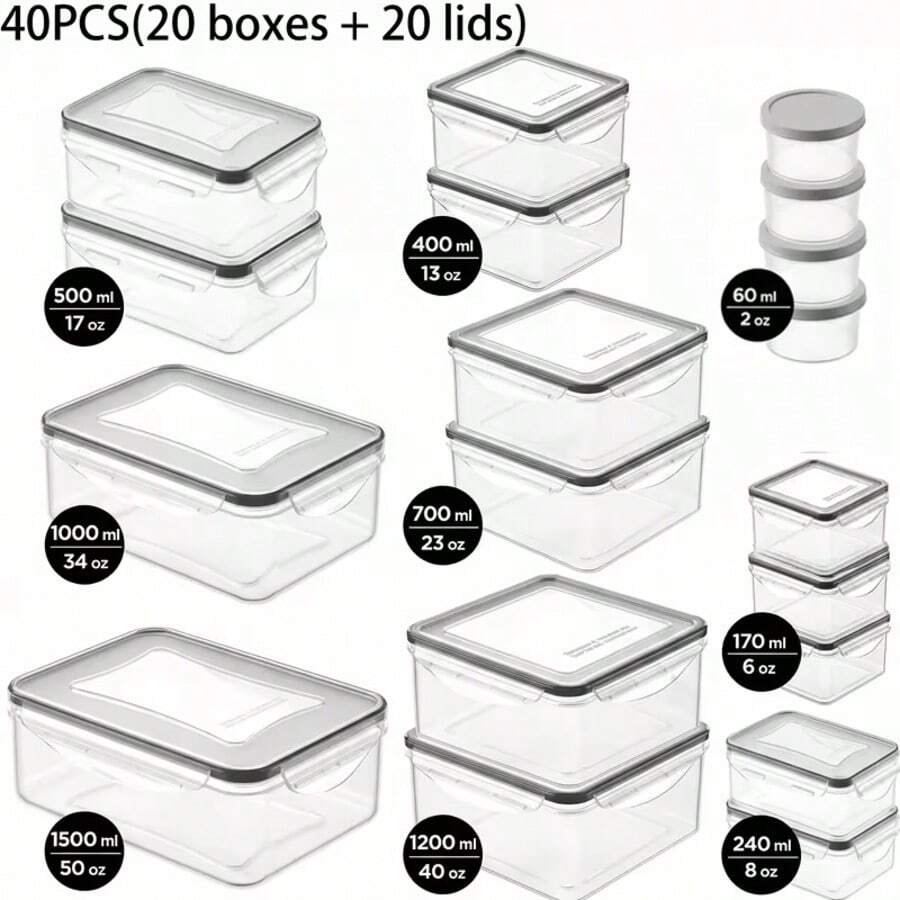 GHQ 40-Piece Set With Airtight Lids Lunchbox Combo, Food Storage Containers, Leak-Proof Leftovers Container, Stackable Freezer/Microwave/Dishwasher Lunchboxes (20 Rectangular + Round + 20 Lids)