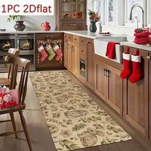 1pc Spring Rabbit Shadow Floral Pattern Kitchen Runner Rug, Designed in a Cozy Pastoral Style, Suitable for Festive Home Decoration. It Features a 0.47inch Thick Flannel for a Warm Holiday Atmosphere