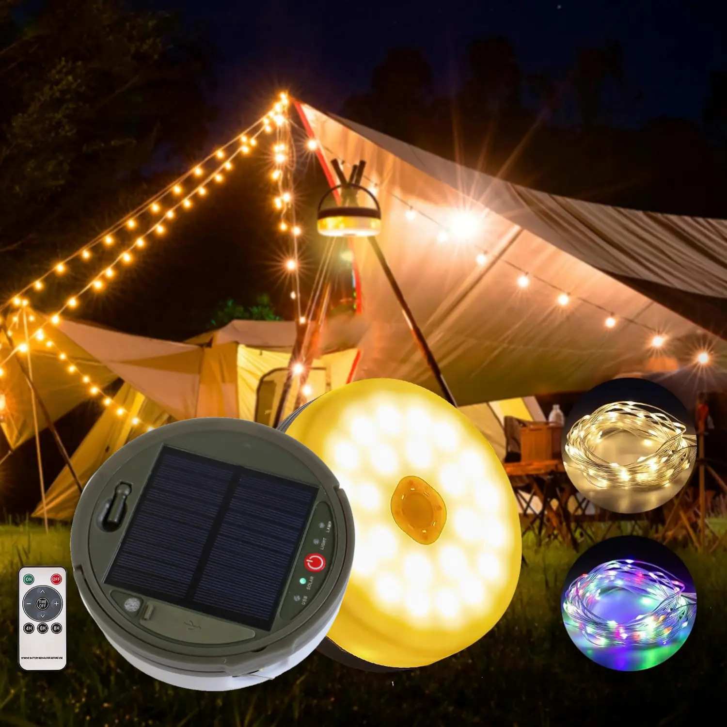 Solar Camping Fairy Lights - 32.8ft-72.18ft USB/Solar Powered, 8 Modes Waterproof Decorative Holiday Lights with Remote Control, Camping Accessories for Tent, Emergency (TikTok Outdoorfun 2026)[Multi-warehouse shipping]