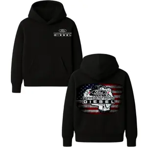 Ford Power Stroke Diesel Hoodie – Black Patriotic Diesel Truck Graphic Hoodie Featuring USA Flag Engine Design for Heavy Duty Truck Lovers