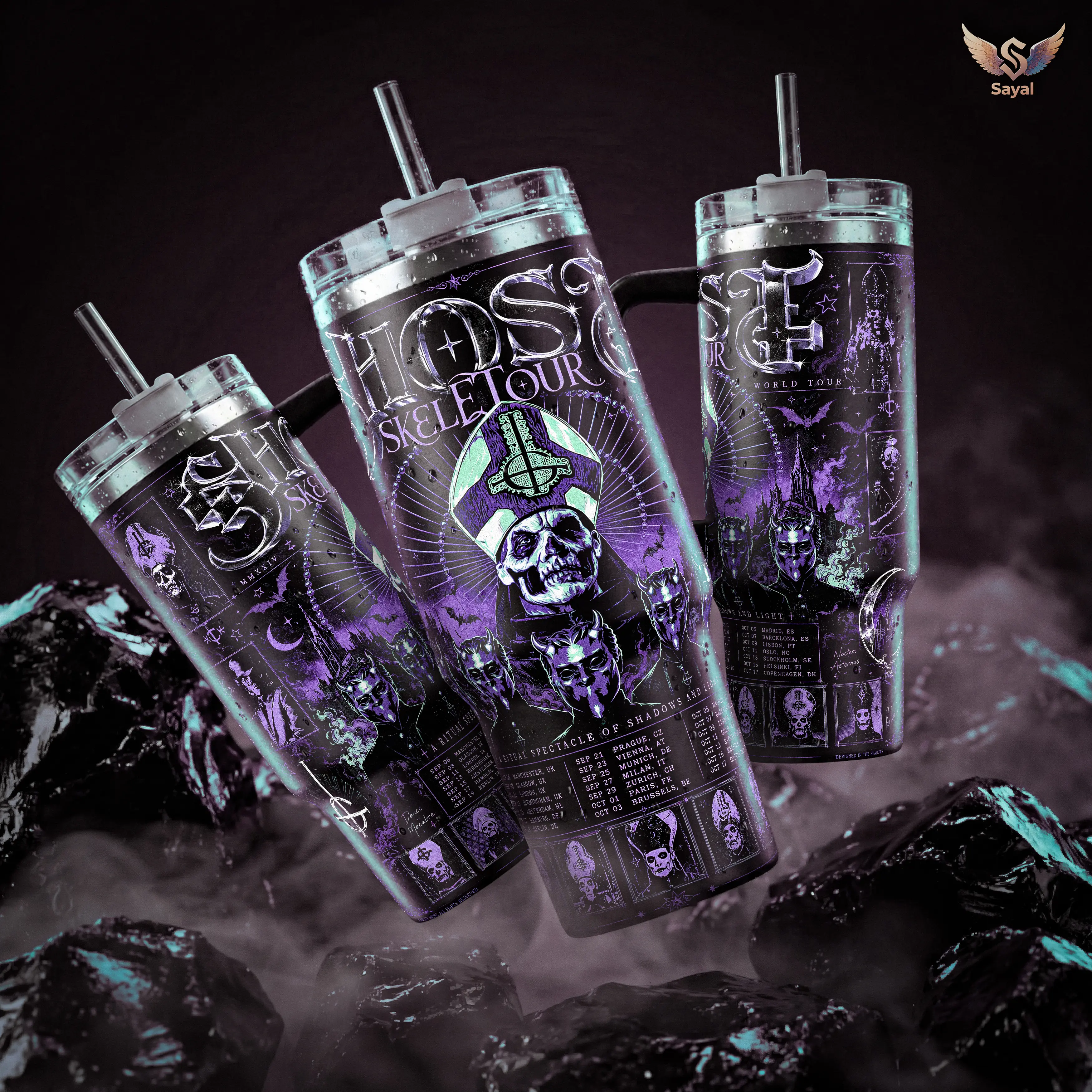 Ghost Skeletour World Tour Purple Skeleton Graphic Tumbler with Handle & Straw, Hot/Cold Drink Travel Mug for Metal Fans Dark Aesthetic Gift 40 20 oz Vacuum Insulated Leakproof Portable Stainless Steel Water Bottle