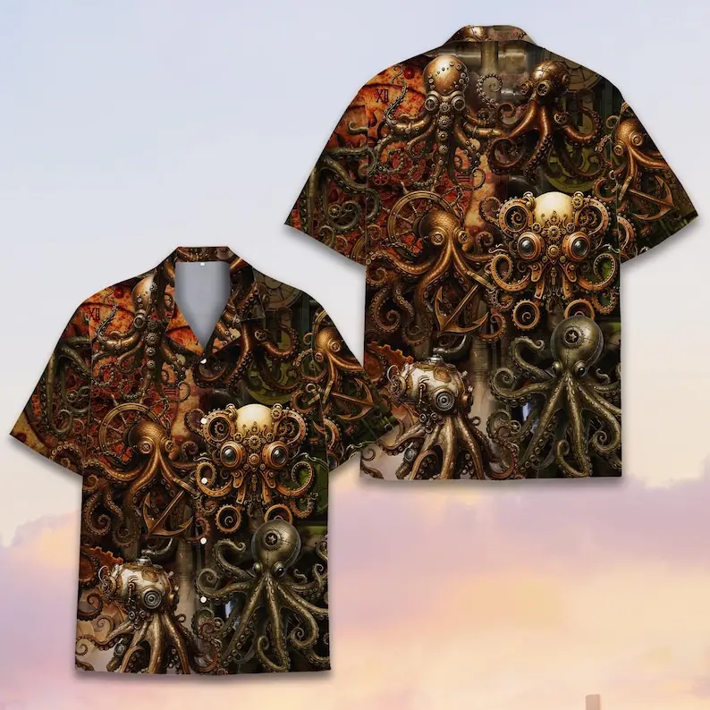 Steampunk Octopus Hawaiian Shirt for Men Women Youth, Mechanical Gear Print Shirt, Vintage Sci-Fi Cephalopod Summer Button Up Shirt