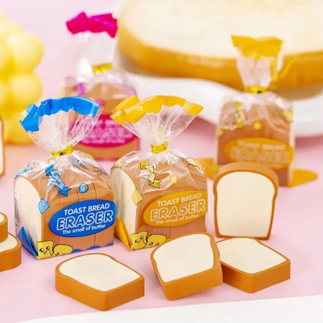 Random 3 Bags Cute Toast Bread Eraser Children's Gift Set School Stationery Prize Party Favors for Kids Educational Fun