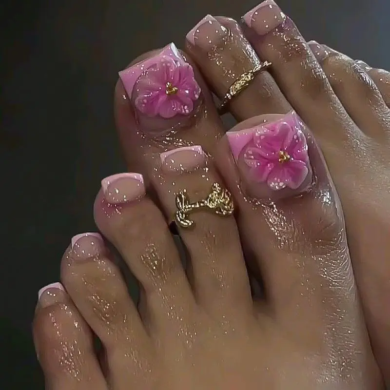 24Pcs Short Square Head French Fake Toenails with 3D Flower Design Press on False Nails Pink Simple Wearable Full Cover Nail Tip
