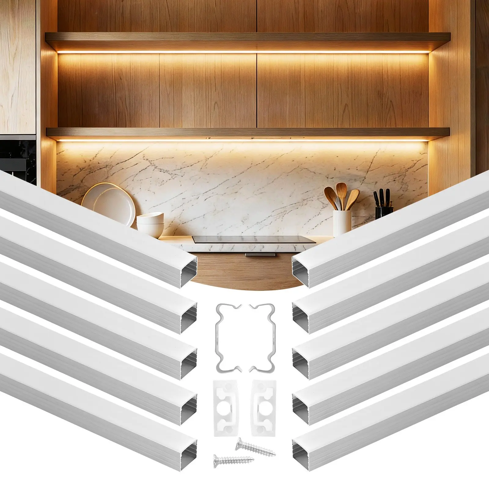 VEVOR 10-Pcs LED Aluminum Channel Kit, 6.6 ft/2M Plus-Size U-Shape Oxidation-Res. Profile with Milky Cover, End Caps, Mounting Clips, Easy-Install Super Bright LED Lighting Strips for Under Cabinets, Bookshelves, Christmas Decoration