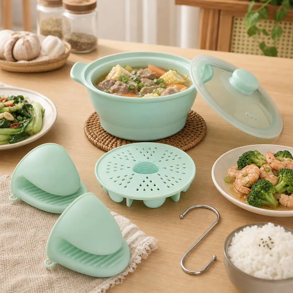 1Set Silicone Microwave Steamer with Steam Tray, with a pair of silicone insulated gloves and three hooks Collapsible Vegetable Steamer for Fresh Frozen Vegetables Dumplings Buns