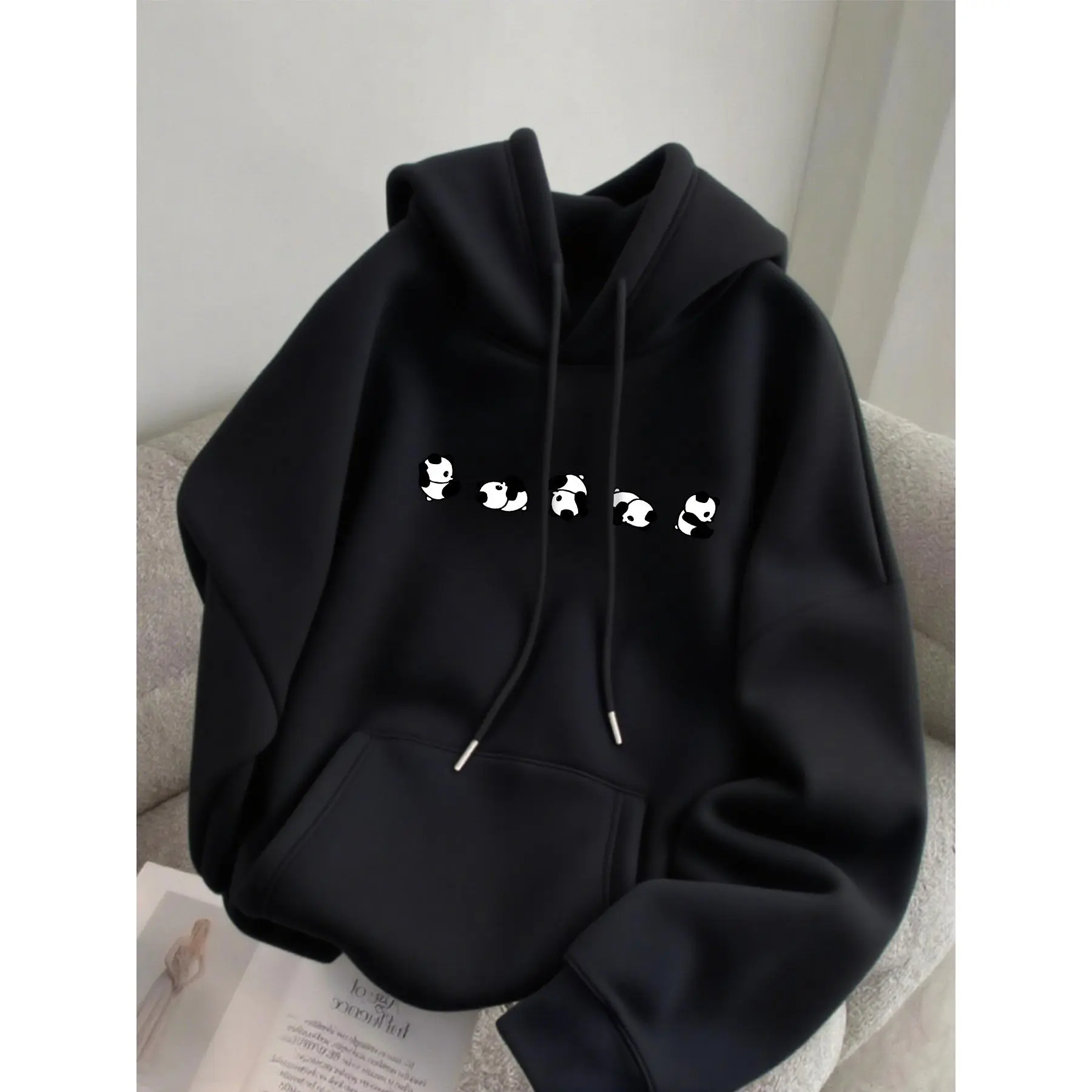 Men's Fleece-Lined Panda Design Hoodie Autumn Winter Versatile Sports Casual Comfortable Hoodie S-3XL