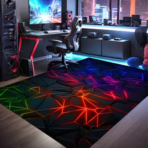 Geometric Gaming Doormat, Colorful Neon Design, Gamer Room Entry Mat, Washable Non Slip E-Sport Rug