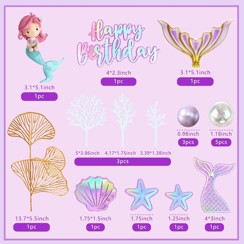 XY-SO25 Mermaid Cake Toppers with 3D Mermaid Shell Starfish Fishtail Balls for Kids Girls Birthday Party Baby Shower Supplies (Style1) Set Ornaments