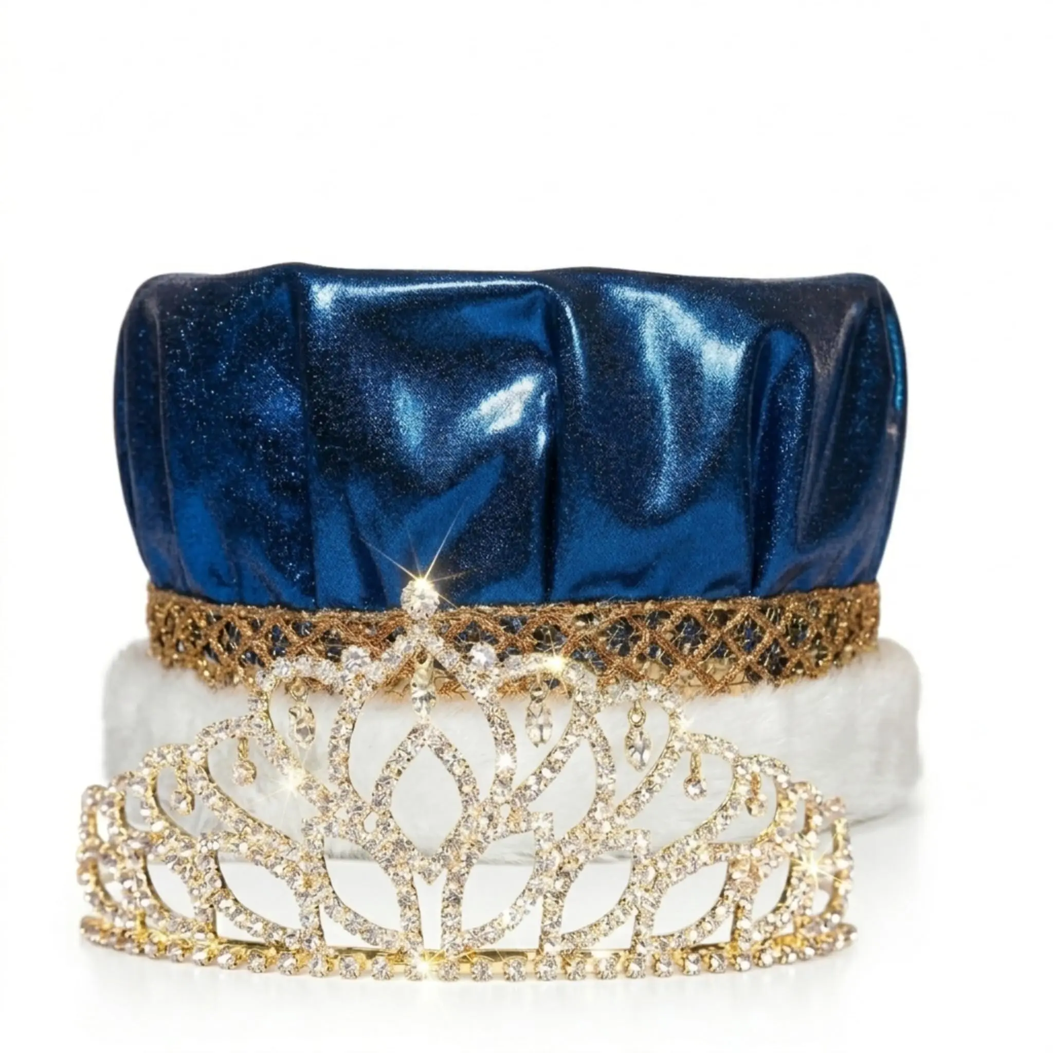 Glitter and Rhinestone Embellishment Crowns & Tiaras, 2-Piece Royalty Set with a Blue Metallic King Crown and Gold Mirabella Tiara for Prom & Homecoming Court, Princess Aesthetic, Sparkle Glitter, Faux Fur Trim, Rhinestone Sparkles, Sparkling Embellished