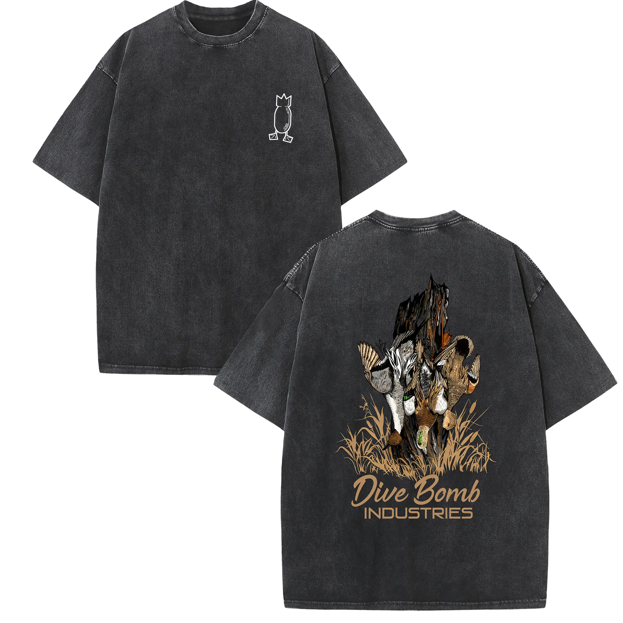 Men's 100% Cotton Shortsleeve Round Neck Pre-Shrunk Soft Oversized Vintage Washed Graphic T-Shirt - Dive Bomb Industries Duck Hunting Durable Casual Streetwear Pullover, Funny Design Outdoor Fabric Top