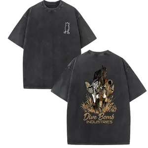 Men's 100% Cotton Short-Sleeve Round Neck Pre-Shrunk Soft Oversized Vintage Washed Graphic T-Shirt - Dive Bomb Industries Duck Hunting Durable Casual Streetwear Pullover with Funny Design, Outdoor Fabric Top