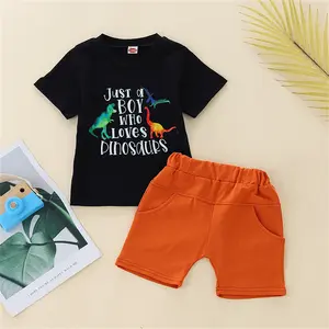Summer New Boys Cartoon Dinosaur Letter Short Sleeve Two-Piece Set Fashionable Handsome Boys Outfit with Orange Shorts