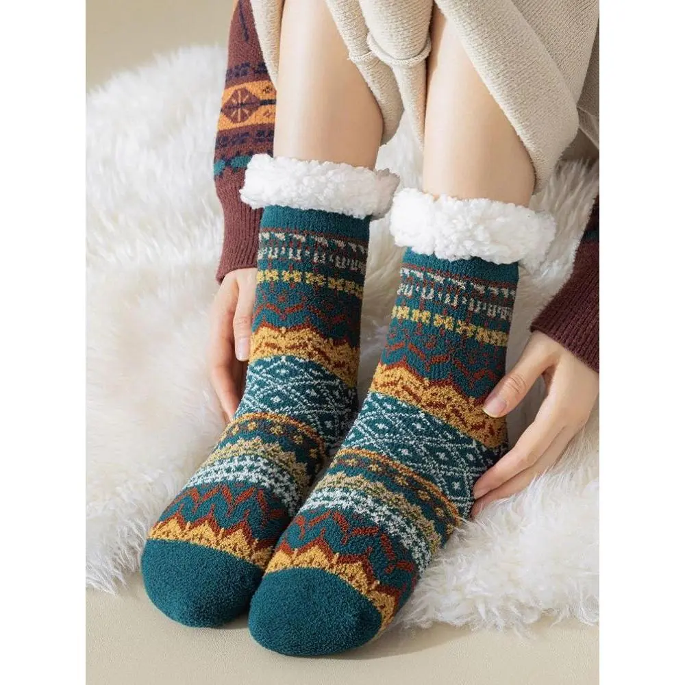 Lamb Wool Floor Socks Autumn and Winter Fleece Thickened Warm Non-slip Silicone Home Socks Ethnic Style Tube Socks