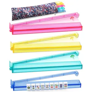Colored Mahjong Racks with Pushers and Bag, Set of 4 All-in-One Mahjong Pushers Tile Holder for American Family Gathering Mah Jongg Game