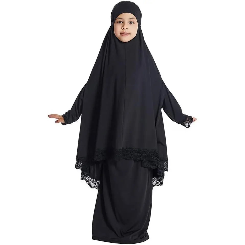 Muslim Clothes for Girl Kids – 2PCS Abaya Set, Full Cover Lace Hijab Dress, Islamic Kaftan Khimar Skirt Set, Prayer Dress