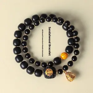 Natural Barbie Sandalwood Double-Loop Beaded Bracelet for Women, Chinese Style, Literary Retro Black Ebony Wood Bracelet