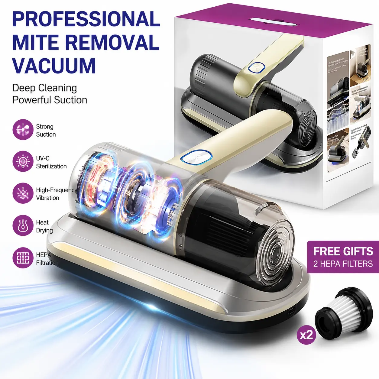 UV Mattress Vacuum Cleaner with Powerful Suction, Handheld Bed Vacuum for Dust Mite Removal, Deep Cleaning Machine for Mattress, Sofa, Pillow and Bedding