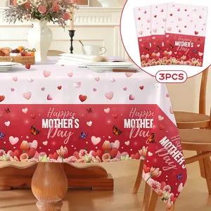 3 Pack Happy Mother's Day Tablecloths - Red Pink  Plastic Table Covers with Hearts & Tulips,  Table Cloths for Mother's Day Party Decorations Supplies