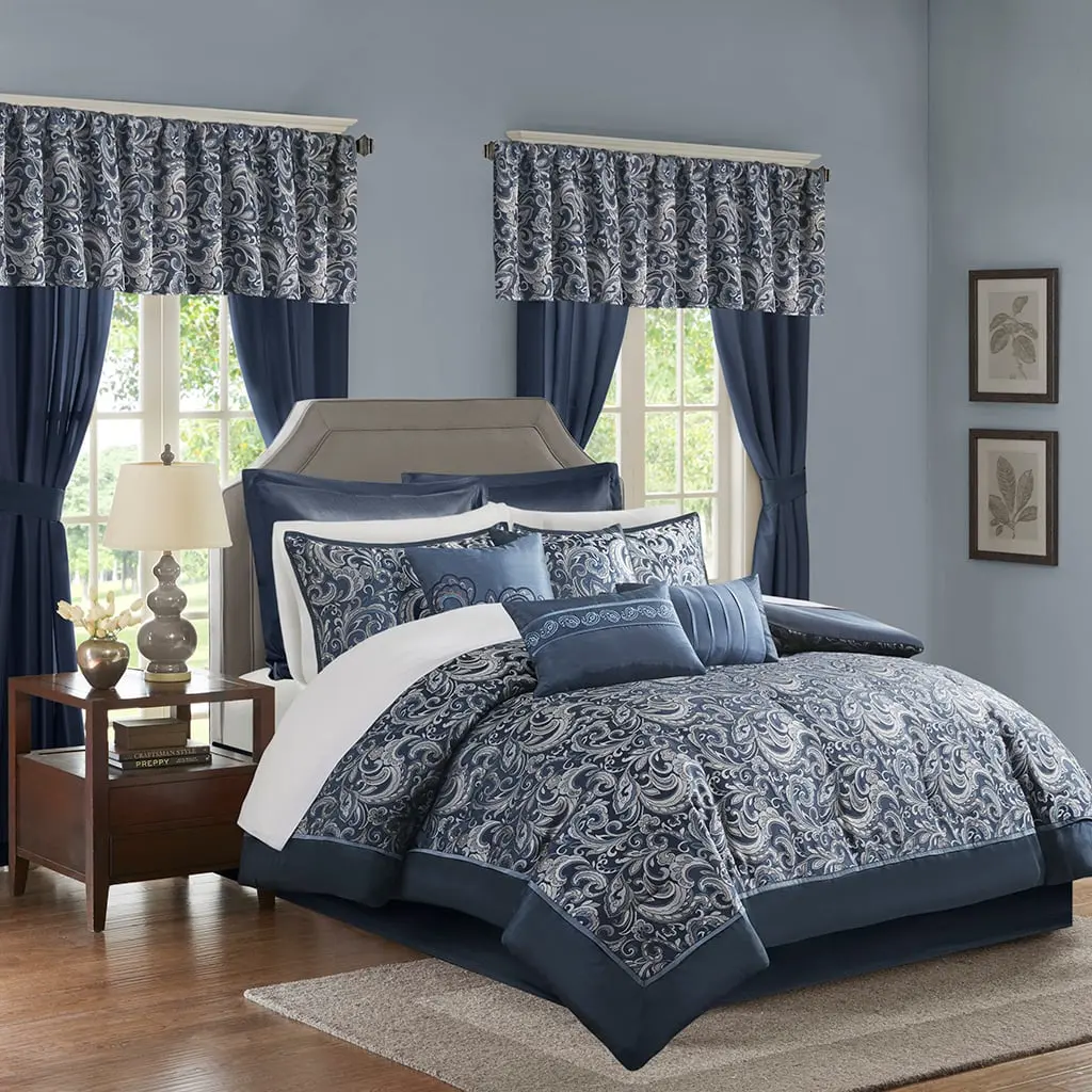 360 Stand Queen Size Brystol 24-Piece Hypoallergenic Jacquard Paisley Room in a Bag - 90x90x1.5in Polyester Fill Comforter Set with Embroidered Shams, Luxury Glam Traditional Look, Navy
