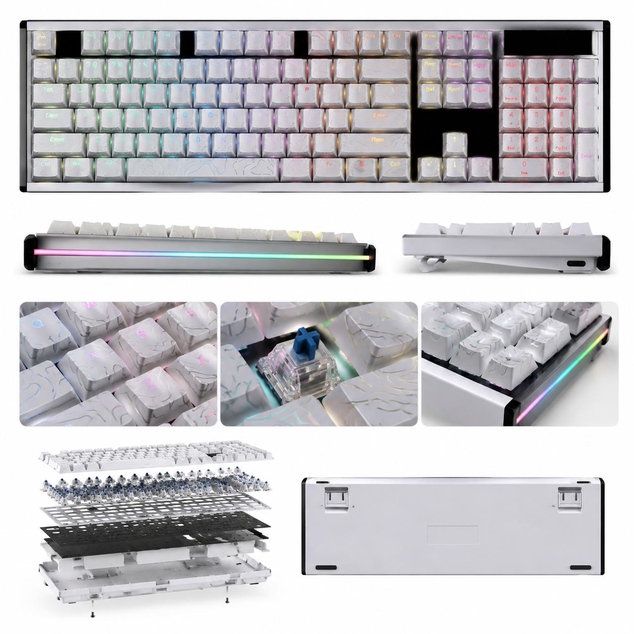 Full Size 104-Key CNC Full Aluminum Mechanical Keyboard, Hot Swappable Wired Gaming Keyboard with White Topographic Lines, Side-Printed Backlighting