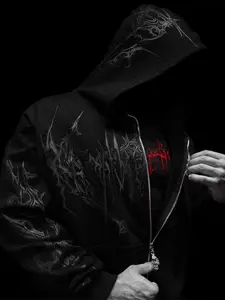 Men's Gothic Print Hooded Sweatshirt, Long Sleeve Zipper Casual Top, Side Pockets, Adjustable Windproof Cap, Fall Winter Warm