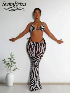 Briza｜Black White Zebra Triangle Halter Bikini With Sheer Tie-Side Maxi Skirt Creates Bikini Sets Energy In Triangle Biknis Style As A Two-Piece Swimsuit And Bathing Suit For Vacation Swimwear For Women With Swimsuit Cover Up For Women
