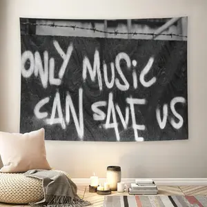 Only Music Can Save Us Graffiti Wall Flag, Black White Barbed Wire Tapestry, Mid-century Modern Grunge Streetwear Room Decor for Adult Fans, Spray Paint Style Music Quote Wall Hanging