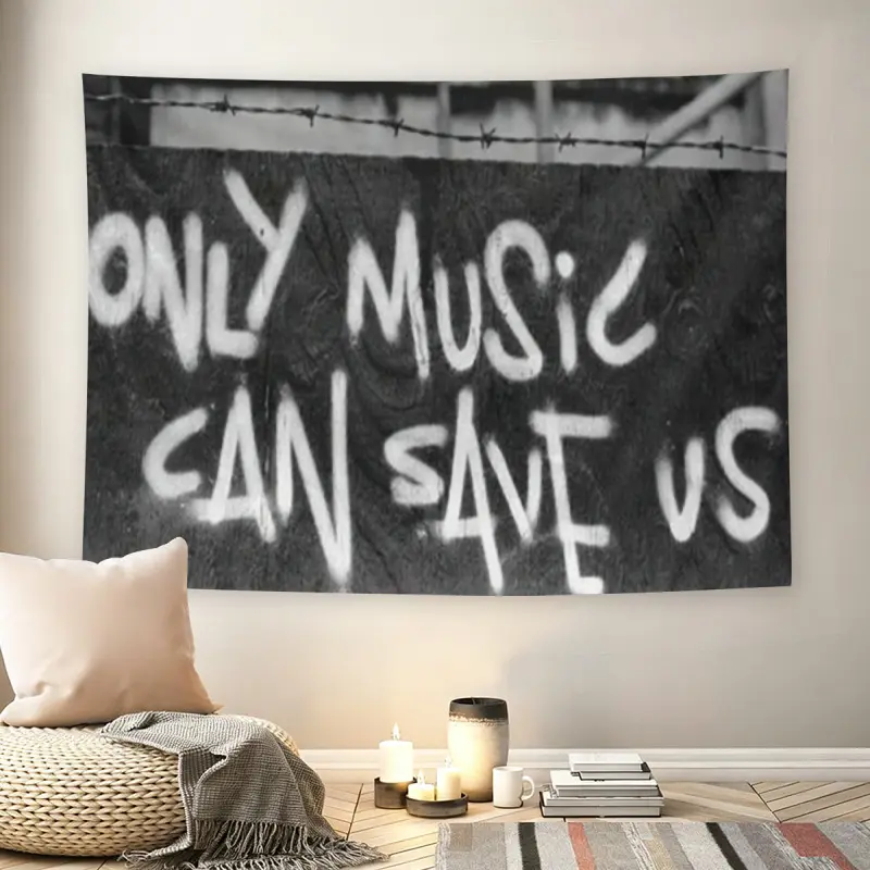 Only Music Can Save Us Graffiti Wall Flag, Black White Barbed Wire Polyester Print Decorative Tapestry, Mid-century Modern Grunge Streetwear Living Room Wall Decor for Adult Fans, Spray Paint Style Music Quote Wall Hanging