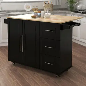 Kitchen Island Cart, Rolling Table with Drop Leaf, Farmhouse Kitchen Island Cart with Spice Rack, Towel Rack and Extensible Solid Wood Table Top, Mobile Carts for Dining Room Kitchen, Black