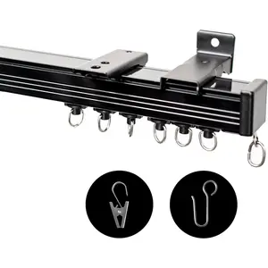 Ceiling Curtain Track, Ceiling Wall Mount Room Divider Curtain Track Rods Heavy Duty Ceiling Track Curtain Rail, RV Ceiling Track for Curtains with Rollers Hooks Clips for 3-6ft, Black