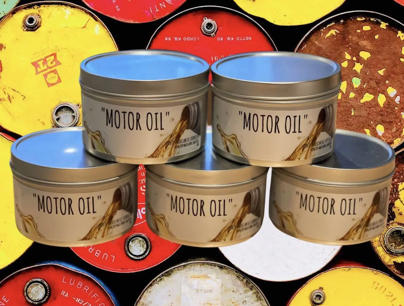 Motor Oil scented candle. Hand-made with non-toxic wax, this candle offers a long-lasting burn time. Each candle is handmade by a company called Crafty American so its a 100% USA product