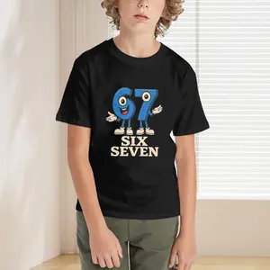 Kids' Meme 67 T-shirt. Slim fit H-line cut, suitable for spring and autumn wear, featuring a brightly colored 67 graphic. This T-shirt features a fun robot 67 design, and the comfortable stretchy fabric is perfect for sports and play. Suitable for various