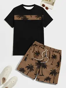 Men's Palm Tree Print Tropical Casual Set, Short Sleeve Tee + Shorts, Trendy Comfortable Two-Piece, Breathable Summer Wear