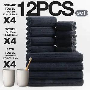 12pcs Ultra Soft Striped Coral Washcloth Towel Bath Towel Set, Bathroom Towel Set, 4pcs 69.85 x 139.95 cm Bath Towel, 4pcs 34.04 x 74.93 cm Hand Towel, 4pcs 34.04 x 34.04 cm Washcloth, for Home, Hotel and Spa Use, Soft Quick-Dry, Fast Absorbing