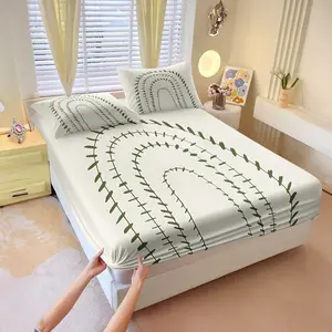 Boho Green Vine Striped Fitted Sheet Set, Includes 1 Fitted Sheet & 2 Pillowcases without Filler, Simple curved leaf design, clean, cozy, soft and skin-friendly.