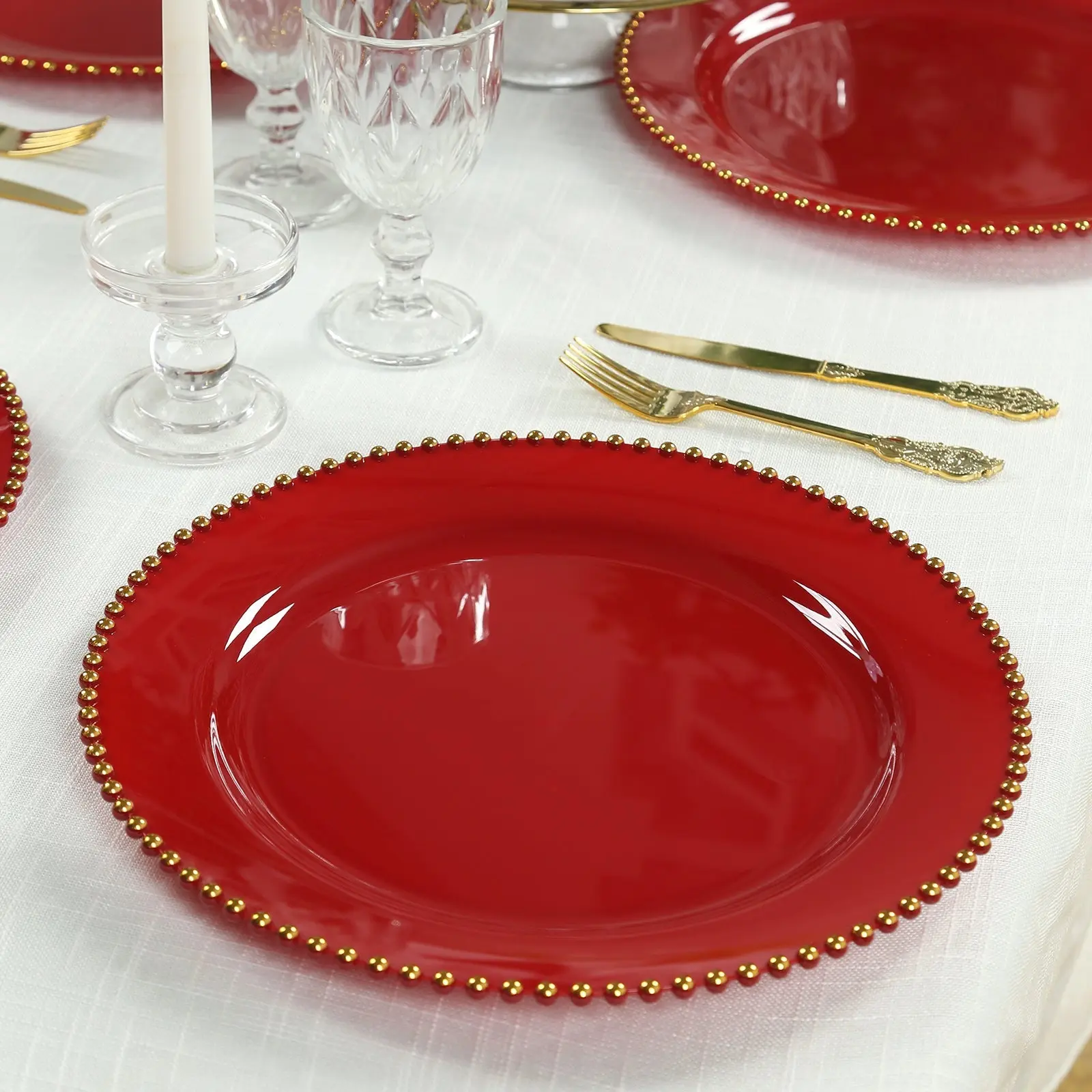 10-Pack Economy Round Plastic Charger Plates - 13" Red Gold Rim Speciality Plates, Dinner Party Serving Ware, Not Microwave Friendly