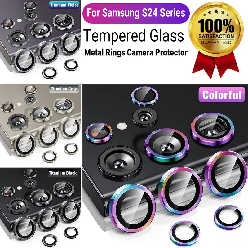 Metal Ring Camera Lens Protector for Samsung Galaxy S24 Ultra S24 Plus S24, 9H Tempered Glass Camera Cover, HD Clear Scratch Protection, Shock Resistant Lens Guard