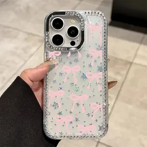 Pink Bow Rhinestone Star Clear Phone Case for iPhone 16 Pro Max/15/14 Plus/13/12/11 - Shockproof Protective Cover Transparent