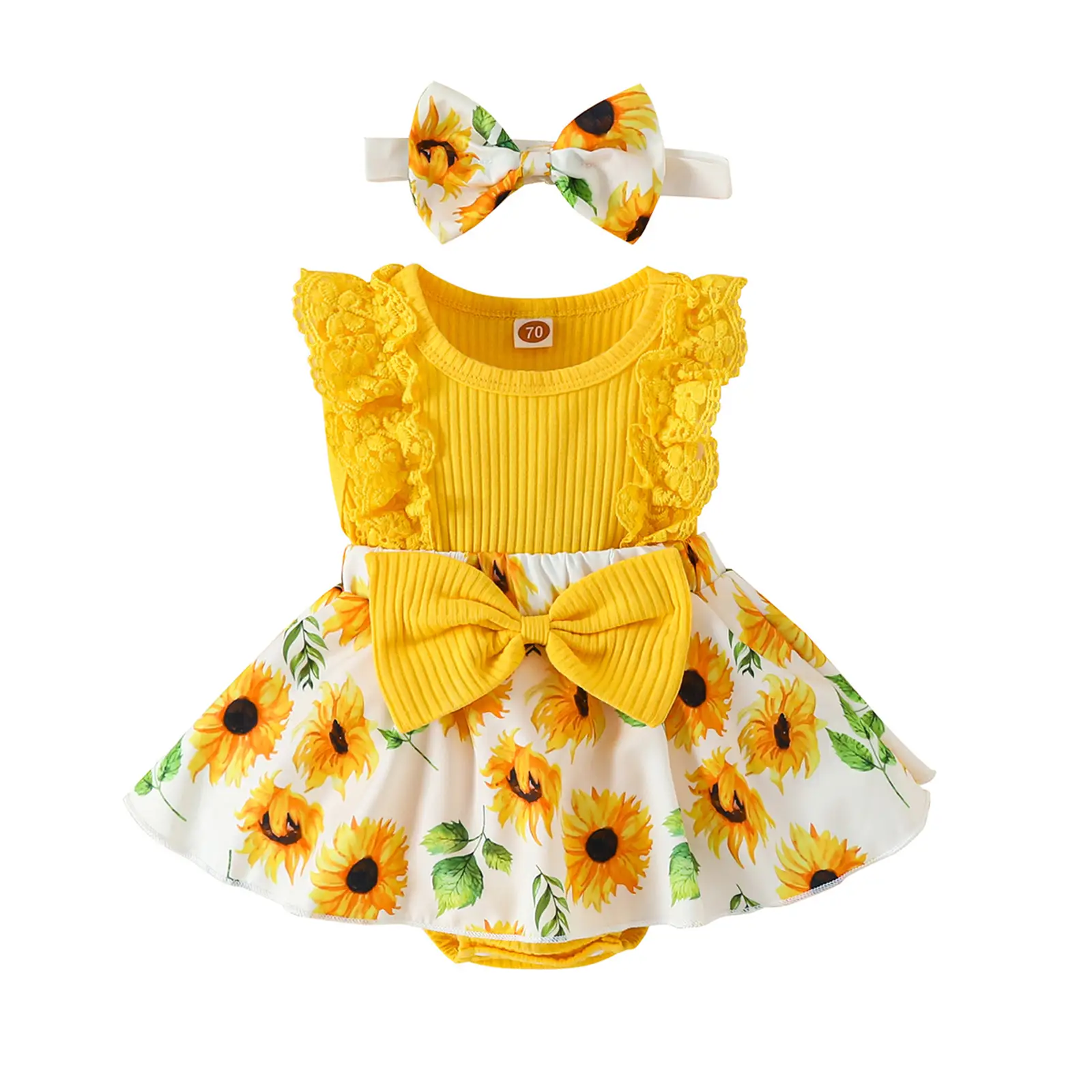 Baby Girl Clothes Infant Summer Outfit Knit Rib Romper Dress Flower Lace Sleeveless Jumpsuit + Headband