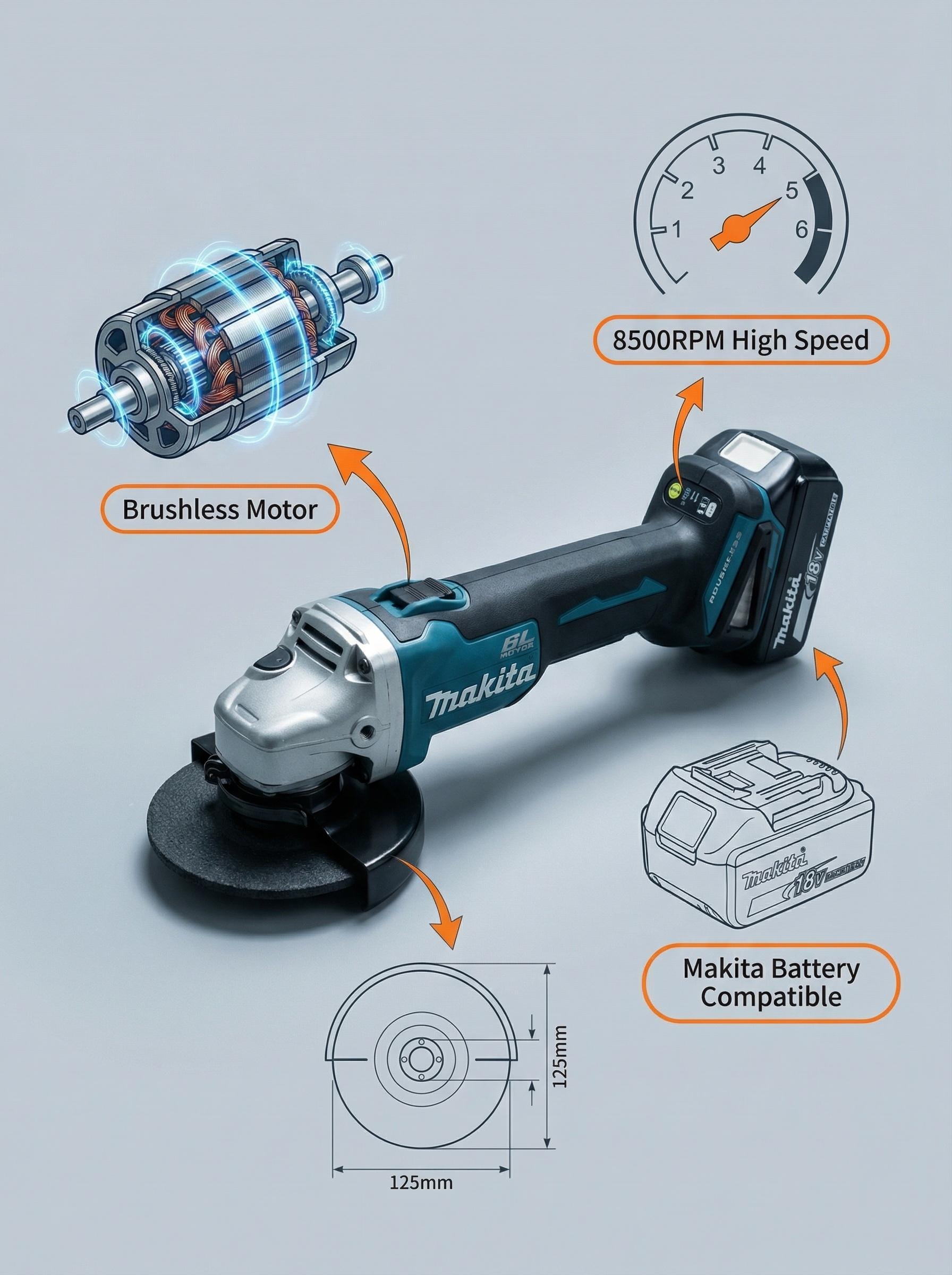 Makita DGA404 125mm Cordless Brushless Grinder Kit With 18V Lithium Battery For DIY And Professional Use, 2.4kg Lightweight