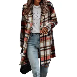 Women Plaid Shacket Jacket Trendy Fall Casual Button Wool Blend Tartan Trench Coat Winter Clothing with Pockets