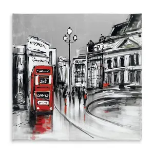 360 stand 58x58 in Water-Resistant Abstract Gray City Scene Tablecloth with Red Bus, Square-Shaped Modern Kitchen Linen for Home Decor, Square Shape