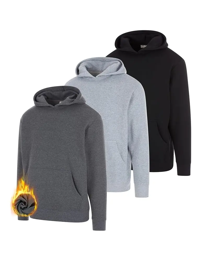 PURE CHAMP Men's 3-Pack Fleece Pullover Hoodies - Soft Warm Cotton Blend Sweatshirts, 4-Way Stretch Mens Hoodies with Kangaroo Pockets, Comfortable Regular Fit, Durable Anti-Pilling Fabric for Lounging & Layering, Fleece Hoodie